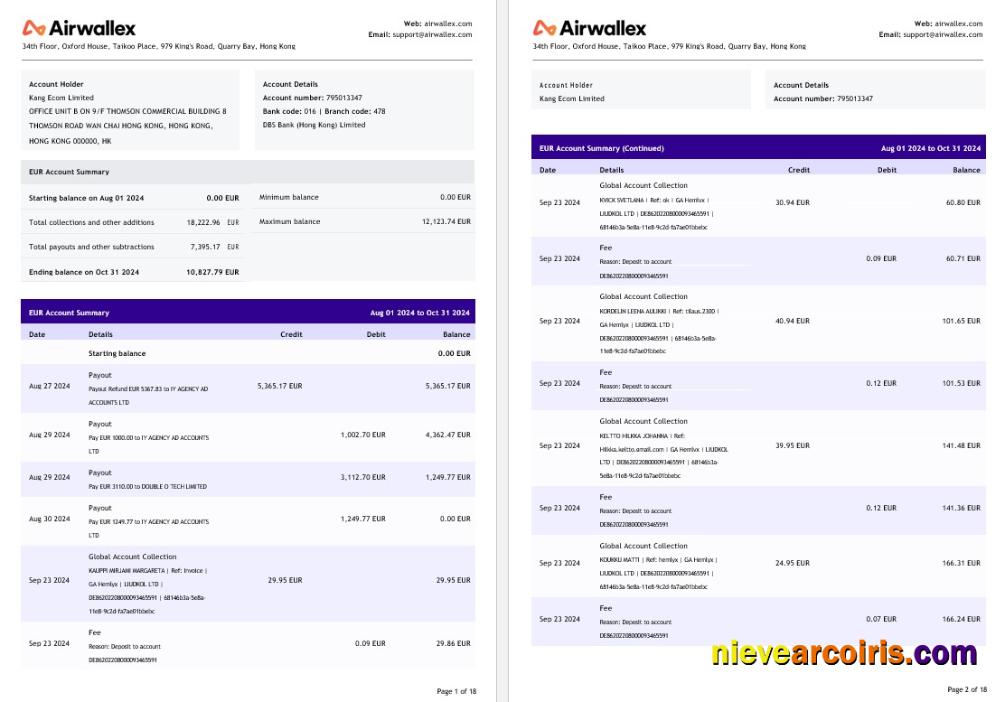 Hong Kong Airwallex Limited account statement, 18 pages